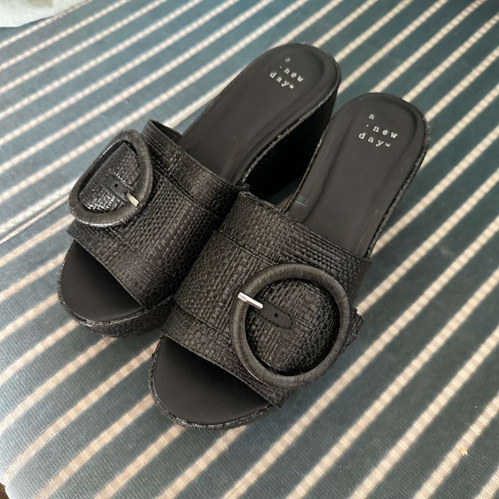 A new day black raffia wedge slides